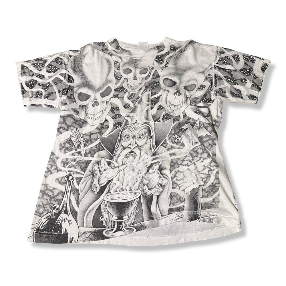 Vintage AOP Wizard & Skulls Single Stitch Tee, White/Black, Size Large 90s